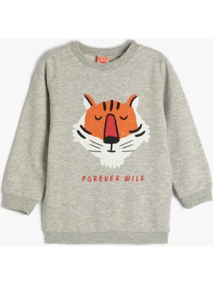 Koton Sweatshirt Aslan Baskılı Uzun Kollu Bisiklet Yaka