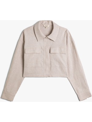 Koton Crop Ceket Kargo Cepli Keten Karışımlı