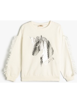 Koton Sweatshirt Uzun Kollu Parlak Unicorn Baskılı Püskül Detaylı Pamuklu