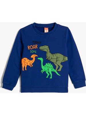 Koton Sweatshirt Dinozor Baskılı Bisiklet Yaka Uzun Kollu Şardonlu Pamuklu