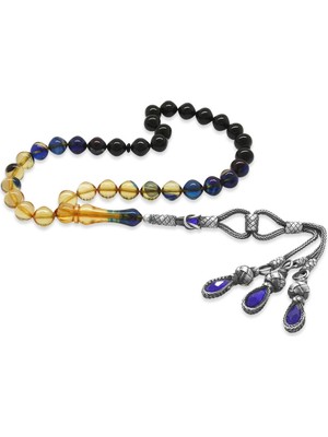 Tesbihane 1000 Ayar Gümüş Kazaz Püsküllü İstanbul Kesim Süzme Mavi-Beyaz Ateş Kehribar Tesbih