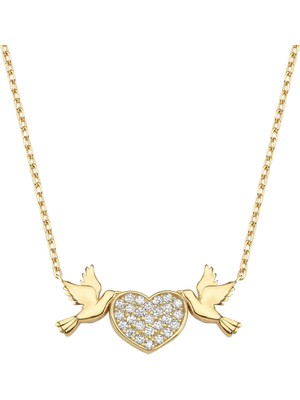 Altın Sepeti Gümüş Altın Kaplama Kalp ve Kuşlar Kolye