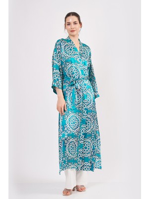 Nomads Felt Saf Ipek Uzun Kimono Kaftan | Çini Desen Turkuaz | Nomads Felt