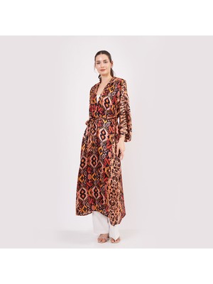 Nomads Felt Saf Ipek Kapüşonlu Kimono Kaftan Ikat Desen 17 | Nomads Felt