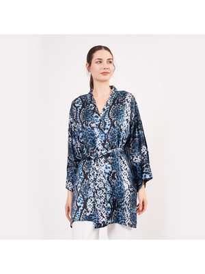 Nomads Felt Saf Ipek Kısa Kimono Kaftan | Yılan Derisi Desen Mavi | Nomads Felt