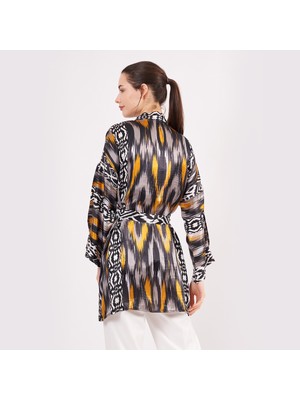 Nomads Felt Saf Ipek Kısa Kimono Kaftan | Ikat Desen 8 | Nomads Felt