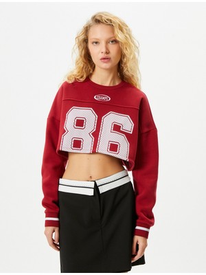 Koton Baskılı Crop Sweatshirt Uzun Kollu Bisiklet Yaka Pamuklu