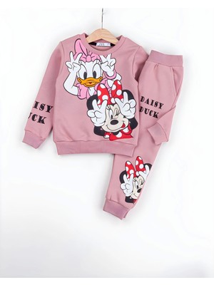 NSE Collection Kız Çocuk Minnie Mouse ve Daisy Duck Baskılı 3 Iplik Şardonlu Kışlık Sweat ve Eşofman Alt Üst Takım