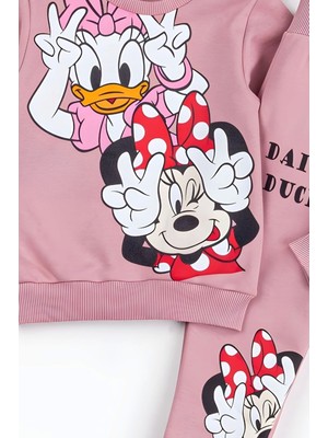 NSE Collection Kız Çocuk Minnie Mouse ve Daisy Duck Baskılı 3 Iplik Şardonlu Kışlık Sweat ve Eşofman Alt Üst Takım