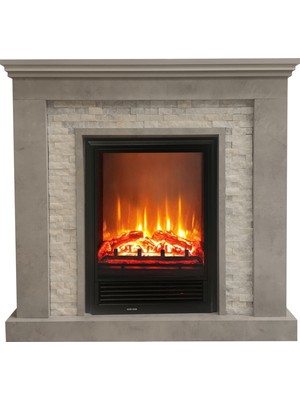DLC Retro Taş Elektrikli Şömine 750W/1600W Uzaktan Kumandalı Gri MDF Beyaz Taş