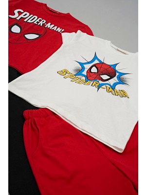 For You Kids 4'lü Spider-Man Baskılı Tshirt Şort Pantolon Kırmızı Takım