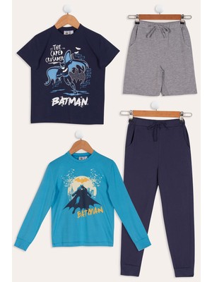 For You Kids 4'lü Batman Baskılı Lacivert Tshirt Şort Pantolon Takım