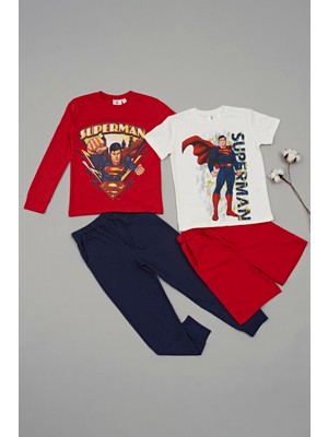 For You Kids 4'lü Süpermen Baskılı Tshirt Şort Pantolon Takım