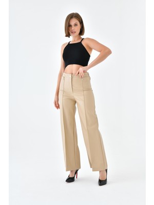FTZ Women Kadın Deri Pantolon  Beige 30634