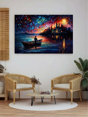 Canvasum Yağlı Boya Görünümlü Kayık Manzara Gece Dekoratif Kanvas Tablo AR030414
