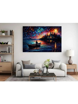 Canvasum Yağlı Boya Görünümlü Kayık Manzara Gece Dekoratif Kanvas Tablo AR030414