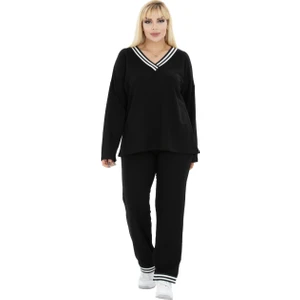 Butik Siyah V Yaka Yakası ve Paçası Şerit Detaylı Eşofman Takımı