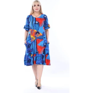Butik Mavi Balık Desen Fırfırlı Kısa Kollu Kadın Midi Elbise
