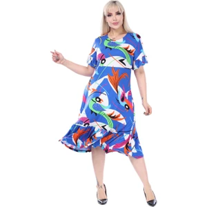 Butik Fırfırlı Kısa Kollu Mavi Desenli Kadın Cepli Midi Elbise