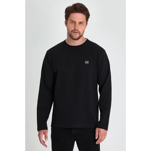 Erkek Siyah Çift Bisiklet Yaka Baskı Detaylı Standart Rahat Kesim Sweatshirt