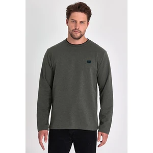 Erkek Haki Çift Bisiklet Yaka Baskı Detaylı Standart Rahat Kesim Sweatshirt