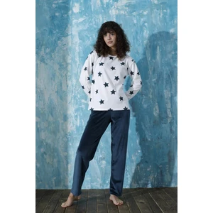 Kadın Bisiklet Yaka Düşük Omuz Interlok Pamuklu Üst Kadife Alt Kışlık Pijama Eşofman Takım