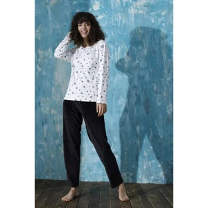 Kadın Bisiklet Yaka Düşük Omuz Interlok Pamuklu Üst Kadife Alt Kışlık Pijama Eşofman Takım