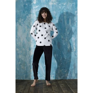 Kadın Bisiklet Yaka Düşük Omuz Interlok Pamuklu Üst Kadife Alt Kışlık Pijama Eşofman Takım