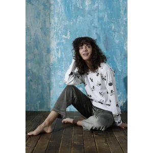 Kadın Bisiklet Yaka Düşük Omuz Interlok Pamuklu Üst Kadife Alt Kışlık Pijama Eşofman Takım