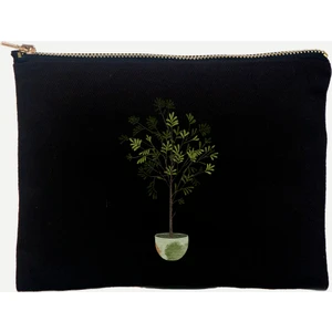 Zeytin Ağacı Desenli %100 Pamuk Siyah Clutch Çanta