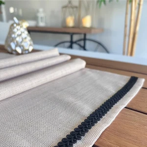 Linen Keten ,jüt Dokulu, Siyah Şeritli,bej Renk Dekoratif Tasarım Runner