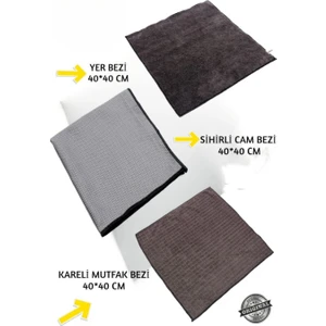 ( 3 Adet ) Temizlik Başlangıç Seti Cam Bezi , Mutfak Bezi , Yer Temizlik Bezi 40 *40