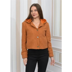 Yeni Sezon Peluş Kıvırcık Crop  Kapşonlu Mont Kiremit