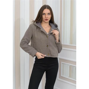 Yeni Sezon Peluş Kıvırcık Crop Kapşonlu Mont Gri