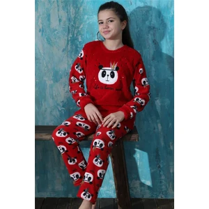 Pijama Evi Kırmızı Life Panda Desenli Kız Çocuk Peluş Pijama Takımı