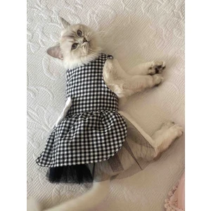 Beyaz Siyah Kareli Dişi Kedi Köpek Kıyafeti Elbisesi