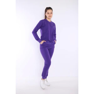 Kadın Mor İki İplik Dikiş Detaylı Uzun Kol Sweatshirt Eşofman Takım - 7643