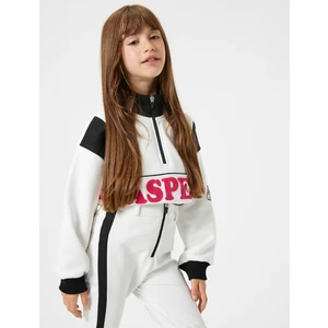 Sweatshirt Dik Yaka Yarım Fermuarlı Uzun Kollu Baskılı Renk Kontrastlı