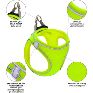 Air Mesh Kedi Köpek Göğüs Tasması Çift Reflektörlü, Terletmeyen Neon Yeşil / Neon Green