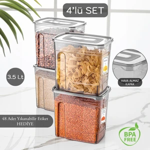 Meleni Home 4'lü Lena Etiketli Kapaklı Erzak Saklama Kabı - Bakliyat Kabı Kavanoz 4x3,5 Lt