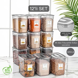 Meleni Home 12'li Mega Set - Lena Etiketli Erzak Saklama Kabı - Kiler Dolap Düzenleyici Bakliyat Kabı 12X3,5 Lt