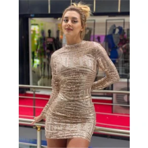 Pink and pink Pudra Payet Kumaş  Sırt Dekolte Detaylı Mini Elbise