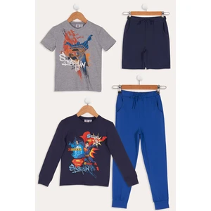 For You Kids 4'lü Süper Man Baskılı Lacivert Tshirt Şort Pantolon Takım