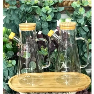 Bambu Kapalı Vakumlu Borosilikat Yağdanlık Seti 900 ml 2 Adet , Bambu Altlık