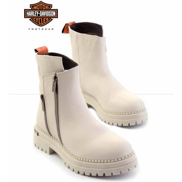 Harley Davidson Beige Hakiki Deri Kadın Bot & Bootie