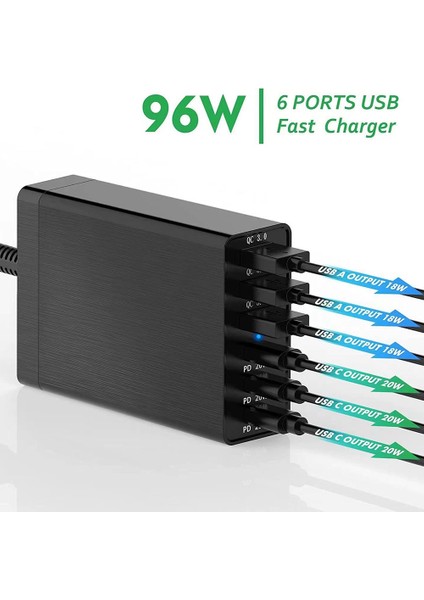 96W 6 Bağlantı Noktalı Masaüstü USB Şarj Istasyonu, Pd 20W Hızlı Şarj Cihazı Ab Fişi (Yurt Dışından)