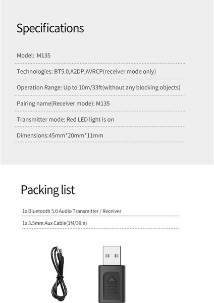 4'ü 1 Arada USB Bluetooth 5.0 Ses Alıcı Verici Adaptörü (Yurt Dışından)