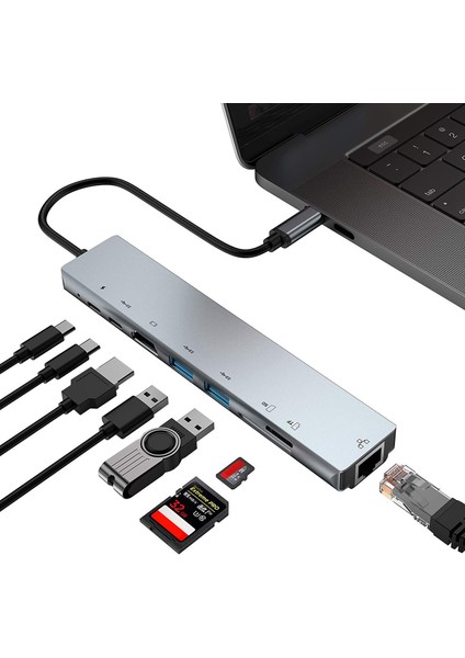 Pc Bilgisayar Için 4K HDMI Bağlantı Noktalı USB C Hub 8'i 1 Arada Tip C Adaptörü (Yurt Dışından)
