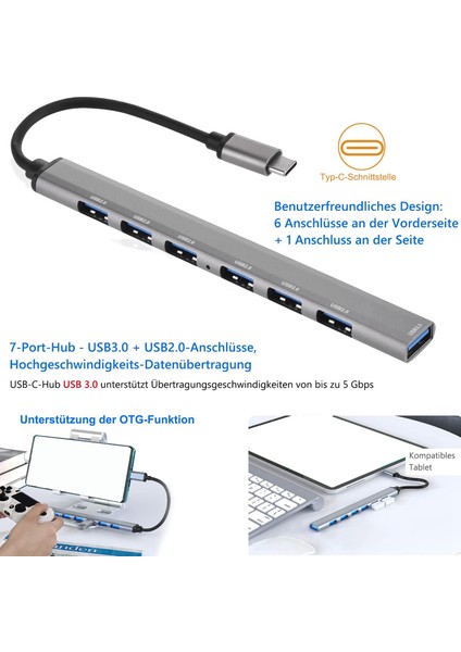 Pc Dizüstü Bilgisayar Için 7 Bağlantı Noktalı USB C Hub USB C'den USB 3.0 Hub'a USB Ayırıcı (Yurt Dışından)