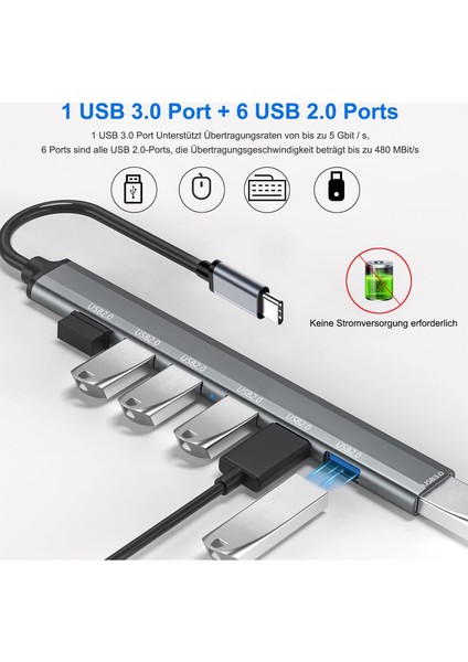 Pc Dizüstü Bilgisayar Için 7 Bağlantı Noktalı USB C Hub USB C'den USB 3.0 Hub'a USB Ayırıcı (Yurt Dışından)